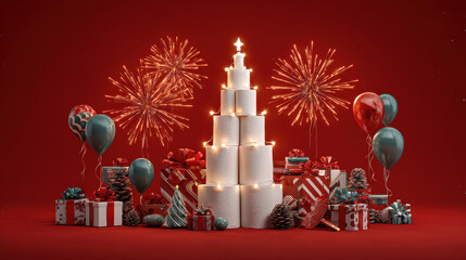 Festive Candle Tree: A captivating holiday scene with a candle tree as the centerpiece, adorned with gifts, balloons, and festive fireworks against a warm red background.