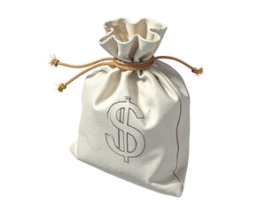 A tied beige sack features a dollar sign symbol. Simple background