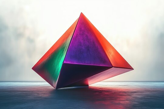Floating metallic polyhedron with glowing red and purple hues casting colorful reflections on smooth surface under soft light