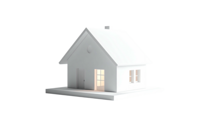 A simplistic, white house with an open door and glowing interior, isolated