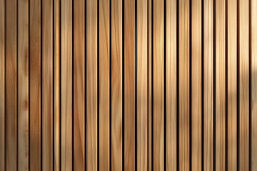 Close-up view of evenly spaced vertical wooden slats with natural light casting soft shadows creating a warm and inviting texture