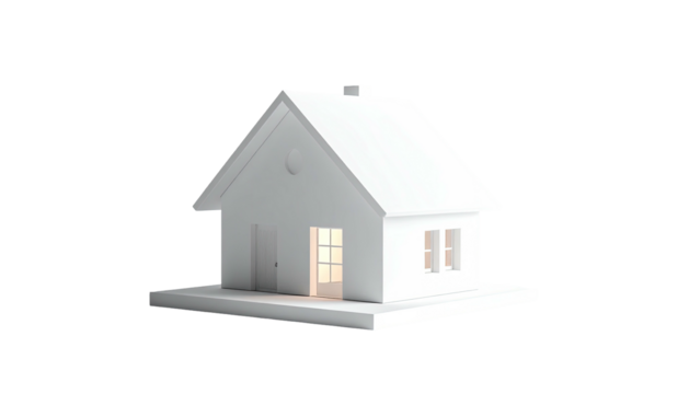 A simplistic, white house with an open door and glowing interior, isolated