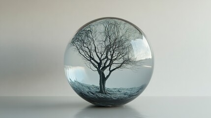 Surreal tree growing inside a glass sphere reflects nature's beauty and fragility