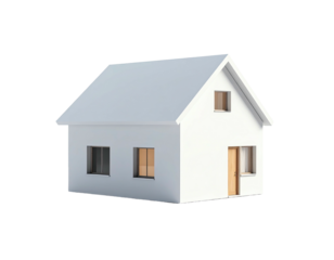 Isolated, clean, 3D-rendered white house with a gabled roof and rectangular windows