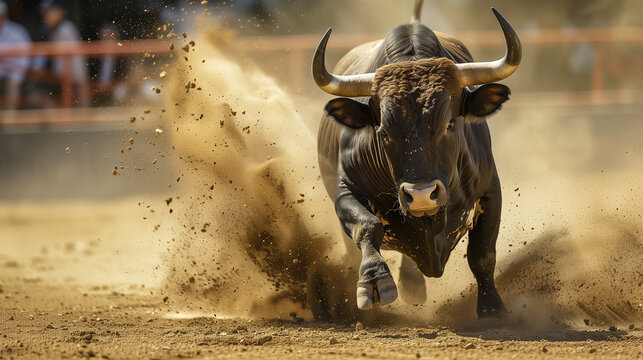 Fighting bull with big horns in spain