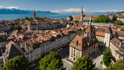 Fototapeta premium Highlights in this city include a visit to the Harder Kulm viewpoint and a relaxing boat cruise on the lake.