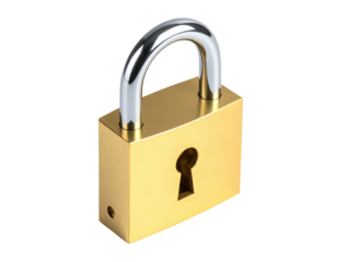 A golden, shiny padlock with a silver shackle against a black background