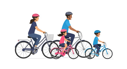 Fototapeta premium Happy family cycling together, promoting healthy lifestyle and family fun. Suitable for advertisements, educational materials, and illustrations about health, recreation, and family activities.