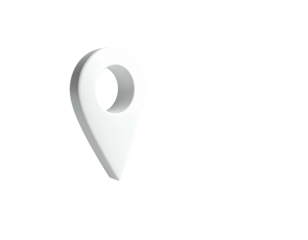 White 3D location marker against a black backdrop with a soft shadow