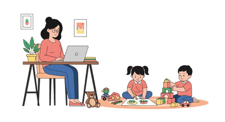 Balancing Act: A Mother Working Remotely While Supervising Children's Playtime, Ideal for Promoting Remote Work Solutions and Family-Friendly Business Practices.