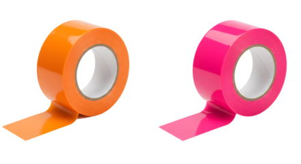 Two rolls of colorful adhesive tape in bright orange and pink isolated on white background, useful for crafting and office supplies