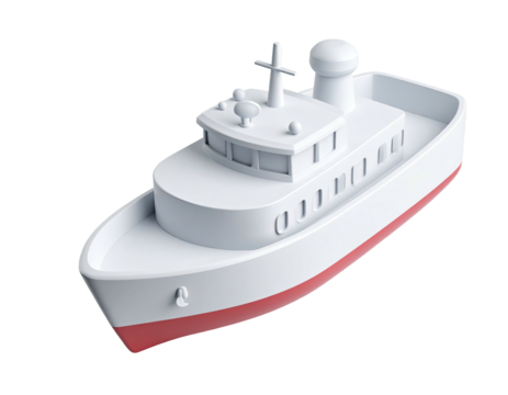 3D rendered stylized white yacht with red hull against a black background