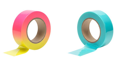 Two rolls of colorful adhesive tape, one pink and yellow and one blue, isolated on white background for crafting and office use