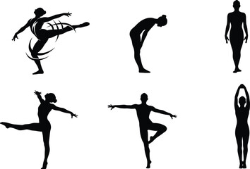 Silhouette dance and yoga poses, balance posture, stretching exercise, ballet movement, fitness
