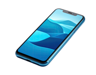 Angled view of a modern blue smartphone displaying a blue abstract image