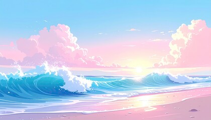 Pink sunset beach scene with waves and fluffy clouds