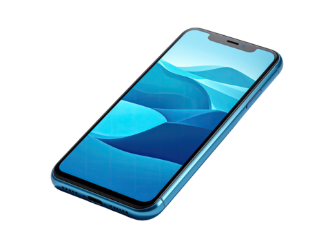 Angled view of a modern blue smartphone displaying a blue abstract image