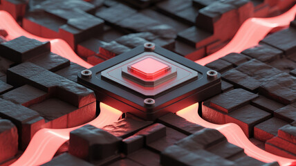 Futuristic glowing circuit design with central illuminated button and dark textured surface