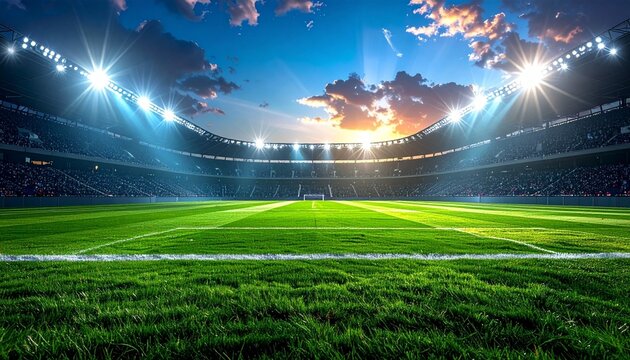 "Empty soccer stadium with vivid green field and white markings under bright lights at dusk, dramatic sky adding serene atmosphere and anticipation."