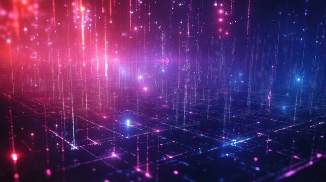 Futuristic digital grid with glowing vertical light beams in pink and blue hues creating a sense of depth and technology