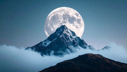 Surreal Scenery of Majestic Mountain Peak Underneath A Glowing Full Moon