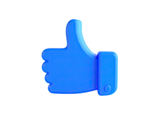 A 3D rendering of a blue thumbs-up icon, isolated on a stark black background