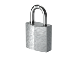 Shiny silver padlock with a curved shackle, isolated on a black background