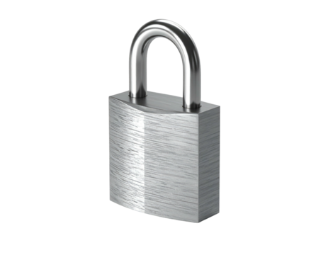 Shiny silver padlock with a curved shackle, isolated on a black background