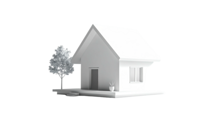 A monochromatic rendering of a house, tree, and surrounding elements