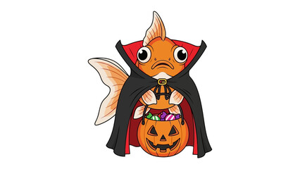 Halloween Goldfish: A whimsical illustration of a goldfish in a vampire costume, holding a Halloween pumpkin bucket filled with treats. A delightful depiction of spooky season fun.