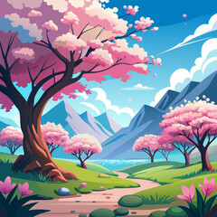 &ldquo;Spring Landscape with Blooming Cherry Blossom Trees against Blue Sky&rdquo;