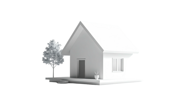 A monochromatic rendering of a house, tree, and surrounding elements