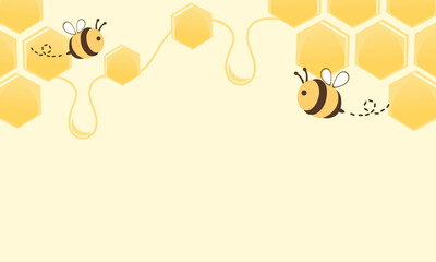 Cute bees with honeycomb border on soft yellow background, playful flight trails and warm hexagon accents, blank space for menu, label, flyer, packaging and social posts