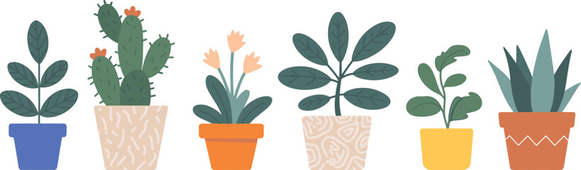 Flat illustration of indoor potted plants, minimalist houseplant decor, succulent, cactus, flower pots, greenery vector, modern home style ©  Creative vectors
