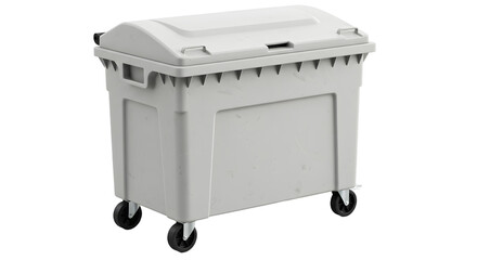 White plastic mobile trash bin with lid and wheels for waste disposal and storage, isolated on white background, perfect for cleaning and organization