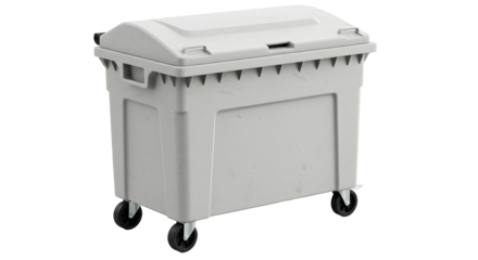 White plastic mobile trash bin with lid and wheels for waste disposal and storage, isolated on white background, perfect for cleaning and organization