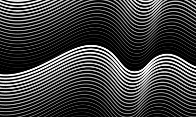 Abstract background with lines and waves. Medium banner size. Element for design. Vector background for brochure, booklet, flyer, poster. Black and white gradient. Dark, night