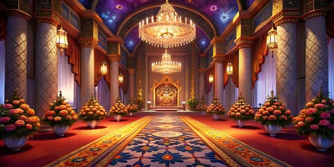 Obraz premium Luxurious palace interior with ornate chandeliers, grand carpet, and floral arrangements, evoking royalty and opulence.