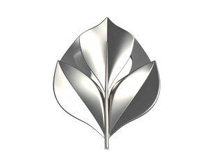 A stylized, silver-metallic leaf-like design against a black background