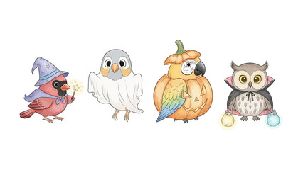 Halloween Birds: A charming illustration showcases a delightful group of birds dressed up in playful Halloween costumes.