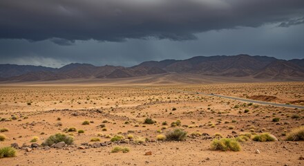 Desert landscape under a cloudy sky with road and mountain range depicting arid environment