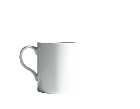 A plain white ceramic mug, lit from the upper right, against a stark black background