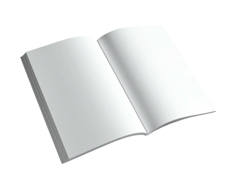 An opened, blank book lies flat, revealing pristine white pages and a spine