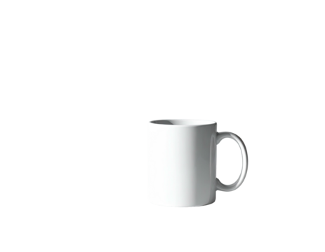 A simple, white ceramic cup with a handle, placed in front of darkness