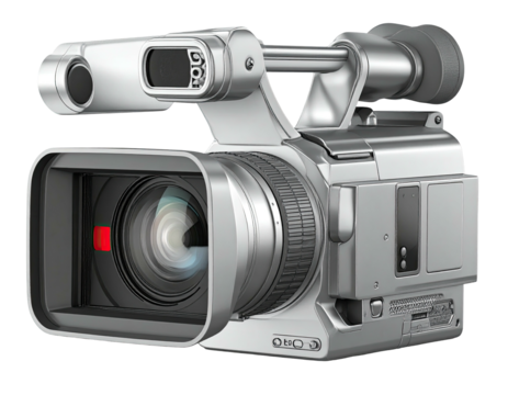 A professional, silver video camera angled slightly to the right, ready to record