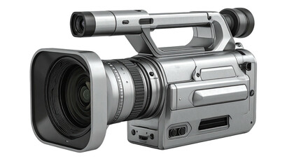 A detailed shot of a silver professional video camera on a black background