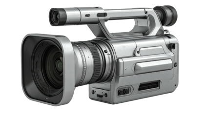 A detailed shot of a silver professional video camera on a black background