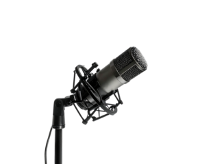 Professional microphone, angled, on stand against black background