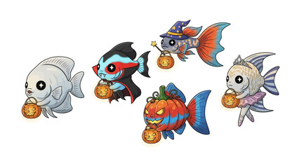 Halloween Fish Trick-or-Treating:  A captivating illustration presents a group of charming fish, adorned in festive Halloween costumes, carrying miniature pumpkin pails for trick-or-treating.