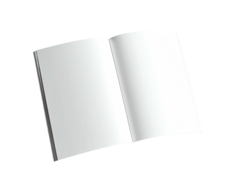 An open book with two blank pages, isolated on a black background